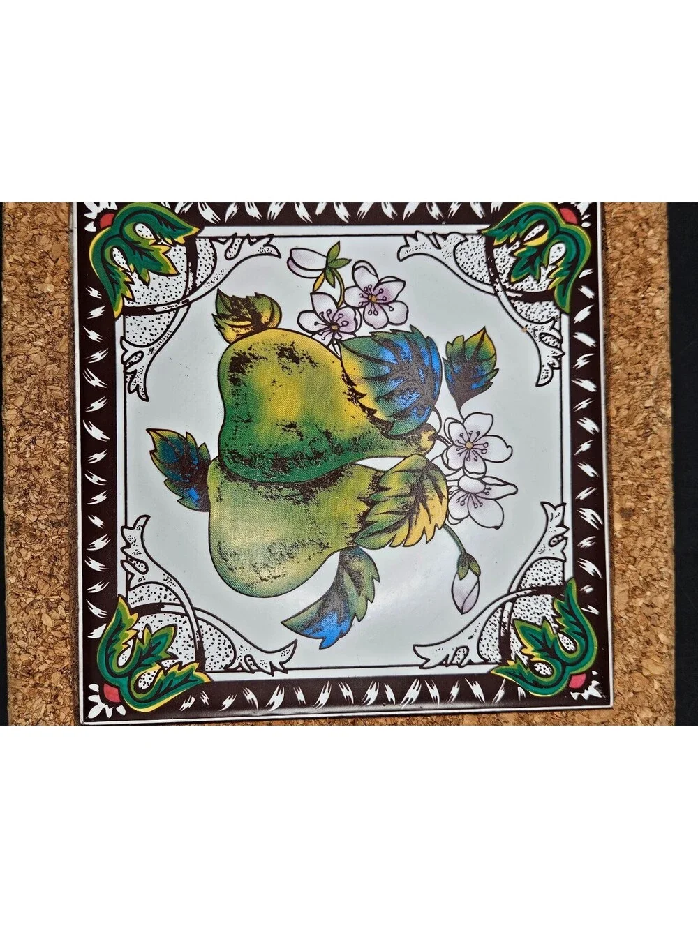 Vintage Pear Ceramic Tile Trivet Cork Backed Regent Products 8x8